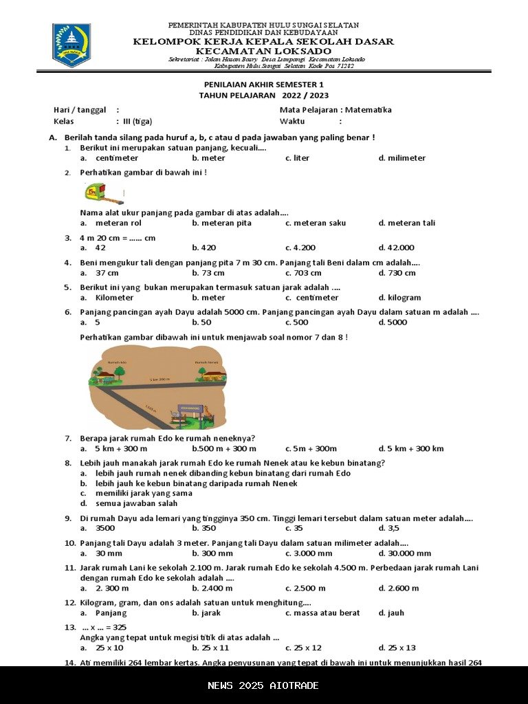 30 Soal Matematika Kelas 3 Semester 1 2025 dan Jawaban Lengkap