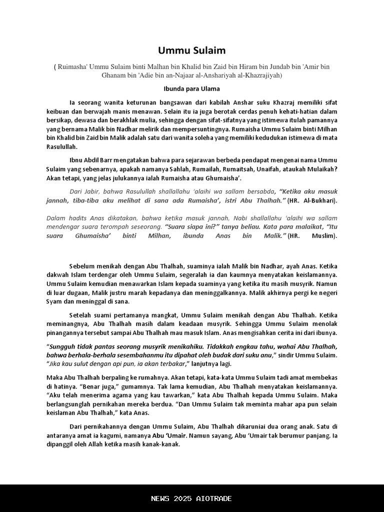 Ketabahan Luar Biasa Ummu Sulaim dalam Kehilangan Anaknya