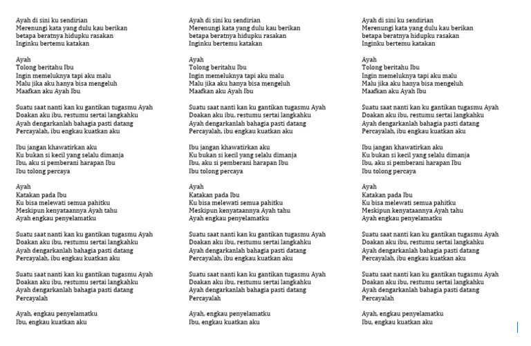 Kord dan Lirik Lagu Ayah Ibu Rindu Anak pada Orang Tua