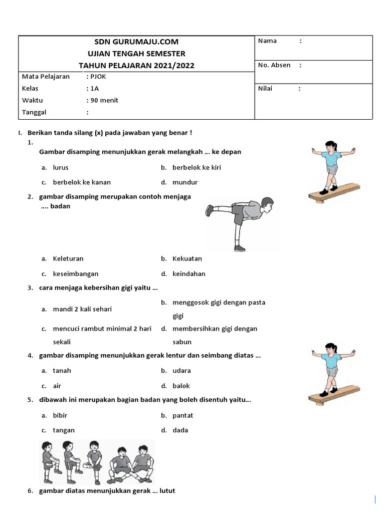 60 Soal dan Jawaban PTS PJOK Kelas 1 SD Semester 1 2025